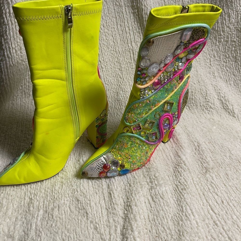 Rumbidra synthetic Neon green mid calf heel boots Colorful embellishments SZ11 - Picture 5 of 15